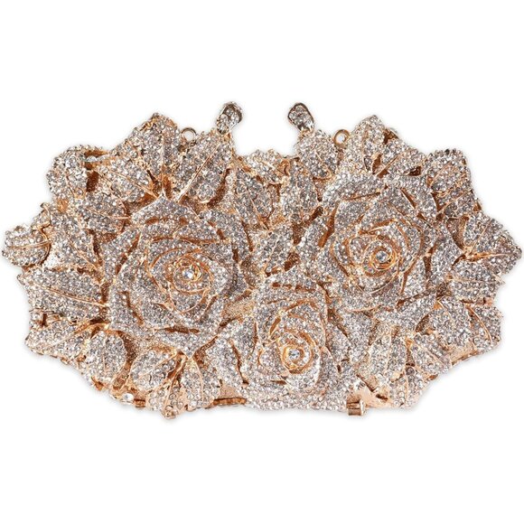 ⚡ Women's Rhinestone Sparkly Handmade Glitter Diamond Flower Gold Clutch Bag - Picture 1 of 6